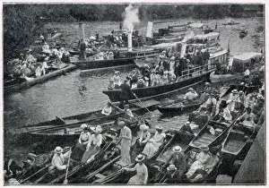 Waiting Prints: Boulters Lock - on Ascot Sunday, waiting their turn outside Boulter s. Date: 1901