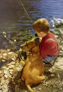 Dungarees Prints: Boy and dog go fishing