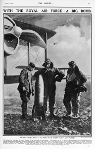 Military Prints: British Airmen with a big bomb, 1918