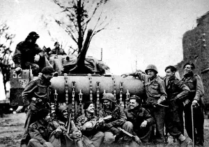 Singing Prints: British and American troops singing beside a Sherman Flail T