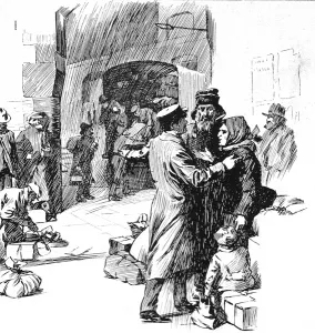 Customs Prints: British Customs Officer with Immigrants, London, 1904