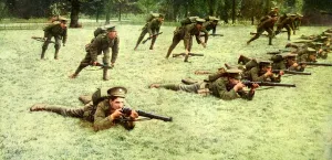 Prints of British infantry are shown in a firing line during an exercise November Prints: British infantry in a firing line