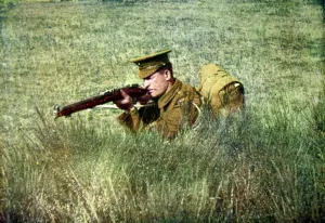 Prints of A British infantryman of the South Staffordshire regiment kneeling behind cover November Prints: A British infantryman kneeling behind cover