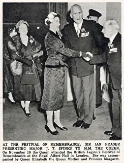 1950s Prints: British Legion President Sir Ian Fraser presenting J T Spinks to Queen Elizabeth II