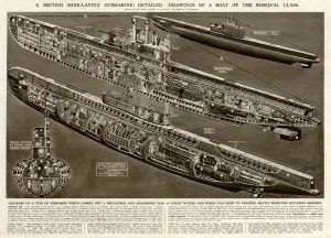 G H Davis Illustrations Prints: British mine-laying submarine by G. H. Davis