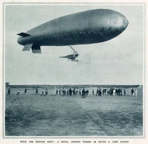 Long Prints: A British naval airship coming in to land after a long flight. Date: 1916