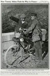 Cyclist Prints: British soldier asking directions in France, 1914