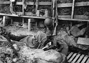 Uncomfortable Prints: British soldier asleep in a trench