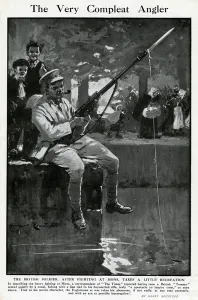 Resting Prints: British soldier fishing with bayoneted rifle, WW1