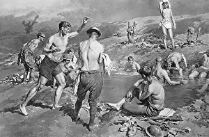 Matania Prints: British soldiers bathing in flooded shell hole by Matania