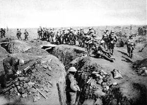 Moving Prints: British soldiers crossing a trench-bridge