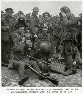 Fusiliers Prints: British soldiers trying on captured German headgear 1916