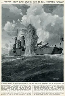 Sunk Prints: British submarine sinks German cruiser by G. H. Davis