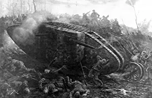 Mark Prints: British Tank attacking German positions; First World War, 19
