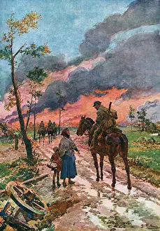 Matania Prints: British trooper meets French woman on the road to Lille, WW1