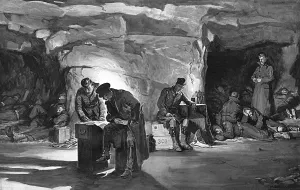 Sheltering Prints: British troops in one of the Aisne quarries, 1914