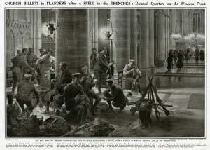 Rations Prints: British troops in church billets in Flanders, WW1