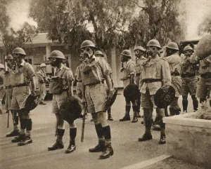 1955 Prints: British troops in gas masks - Uprising in Nicosia