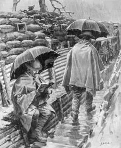 Sheltering Prints: British troops sheltering under umbrellas