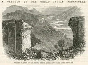 1867 Prints: Broken viaduct on the Bhore Ghaut incline, India