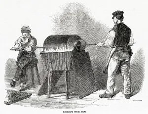 1850s Prints: Bronzing steel pens, at Messrs Hinks, Wells and Co. in Birmingham. Date: 1851