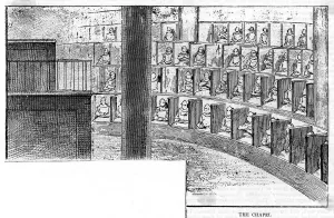 Prints of Prisoners wearing white hoods sit in cubicles in the chapel of the New Model prison in Brussels Date: 1887 February Prints: BRUSSELS PRISON