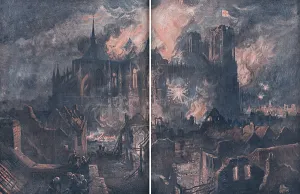 Rheims Prints: Burning of Reims Cathedral after bombardment, 1914