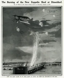 Biplane Prints: Burning of Zeppelin shed at Dusseldorf by G. H. Davis