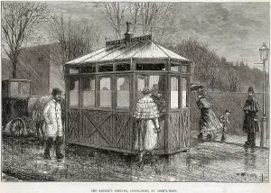 Wood Prints: The cabmen's shelter in Acacia Road, St John's Wood, north London. Date: 1875