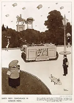 1941 Prints: Camouflaged civilians, home guards and dogs in a London park hiding from the enemy above
