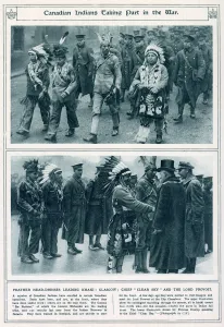 Feathered Prints: Canadian Indians in traditional dress taking part in the war. Date: 1916