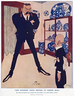 White Prints: Caricature by illustrator Edmund Dulac of Kitchener looking irate because his butler has dropped a piece of blue
