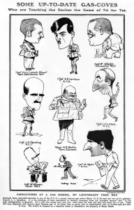 Fred Prints: Caricatures at a gas school by Lieut. Fred May, WW1
