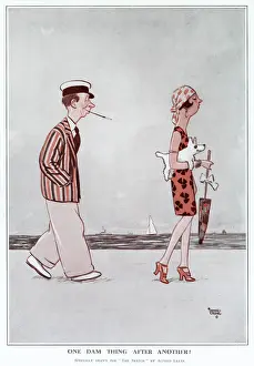 Twenties Prints: Cartoon by Alfred Leete showing a fashionable 1920s couple walking along a beach