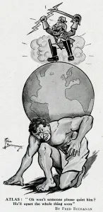 Jumping Prints: Cartoon, Atlas with Kaiser Wilhelm on a globe, WW1