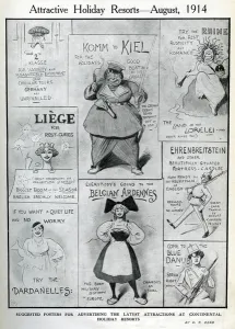 European Prints: Cartoon, Attractive Holiday Resorts, August 1914, WW1