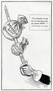 Bags Prints: Cartoon, German sword with loot from Belgium, WW1