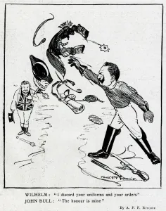 Received Prints: Cartoon, Kaiser Wilhelm discarding uniforms, WW1