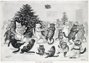 Animal Prints: Cats at Christmas pulling crackers and dancing. Date: 1894