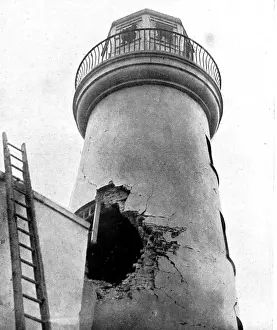 Light House Prints: Caused by a single German shell: Damage done to Scarborough Lighthouse