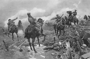 Matania Prints: A cavalry charge that saved the line, Matania, WW1