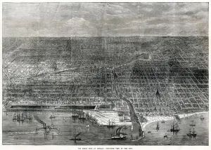 Prints of Birds-eye view of the city. Date: 1871 April Prints: Chicago in 1871
