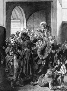 Prints of Engraving showing a large group of poor children rushing into the King Edwards Mission, Whitechapel, to receive a free dinner, 1890 November Prints: Children entering King Edwards Mission, Whitechapel, 1890