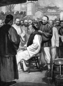 Cutting Prints: Chinese men having their pigtails cut off, 1911