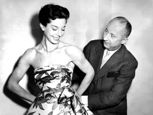 Dorothy Prints: Christian Dior with model Dorothy Emms, 1952
