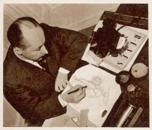European Prints: Christian Dior sketching a fashion design, 1948