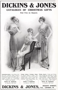 Jones Prints: Christmas gift from Dickins & Jones catalogue, showing three ladies wearing slim-lined
