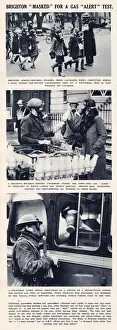 Wwii Prints: Citizens of Brighton shown wearing gas masks in everyday situations in 1941