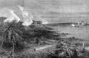 Flag Prints: The Civil war in America. Attack by Federal gun boats on For