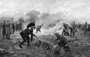 Brought Prints: Clearing away wreckage at Cuffley by Matania, WW1